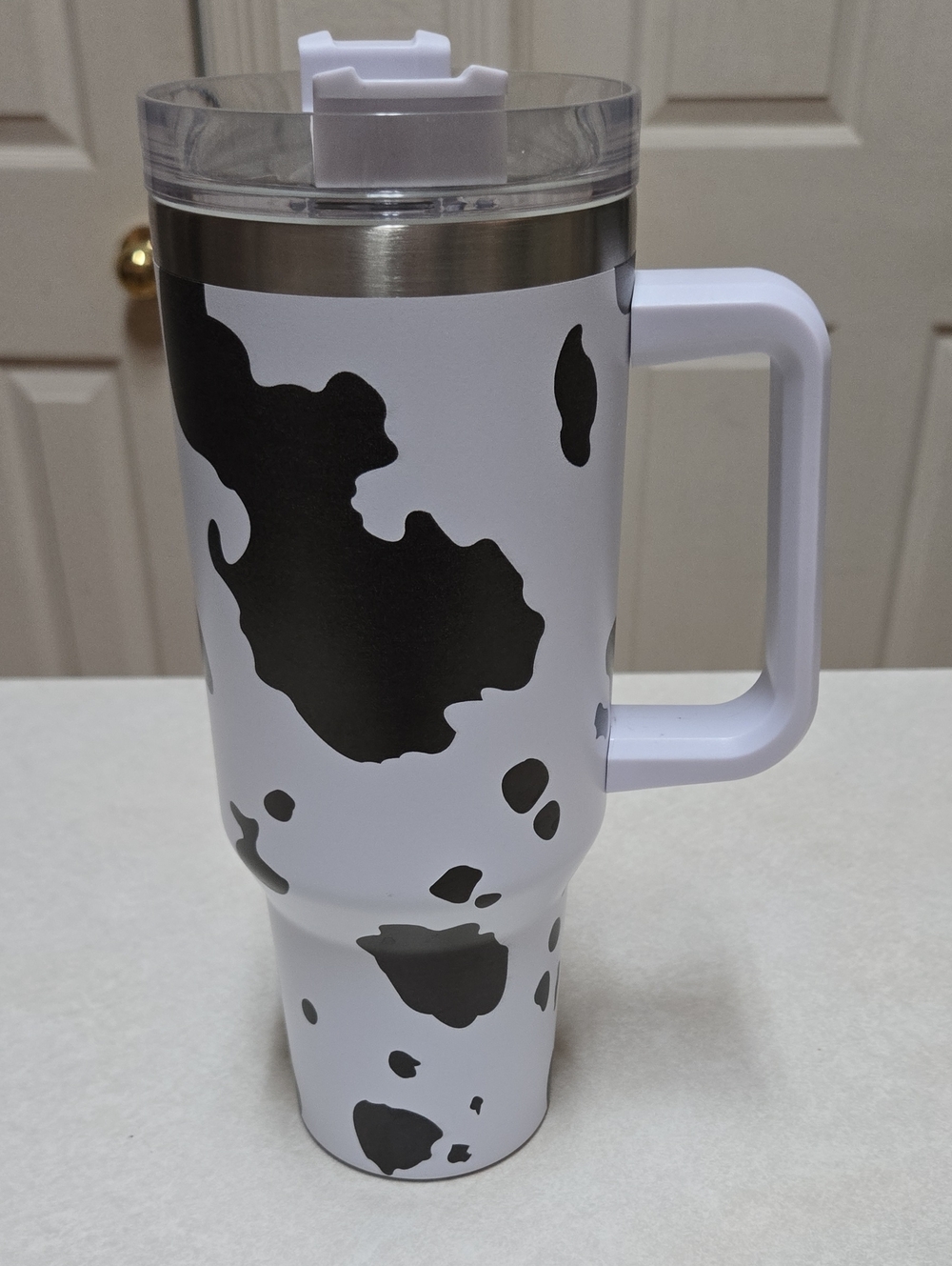 Cow Print Travel Mug with Handle - White & Black